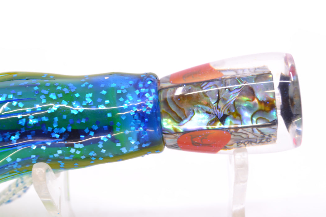 Bonze Lures Paua Shell Red Eyes Bombshell 5" 1.4oz Skirted Blue-Yellow Line-Silver GZE