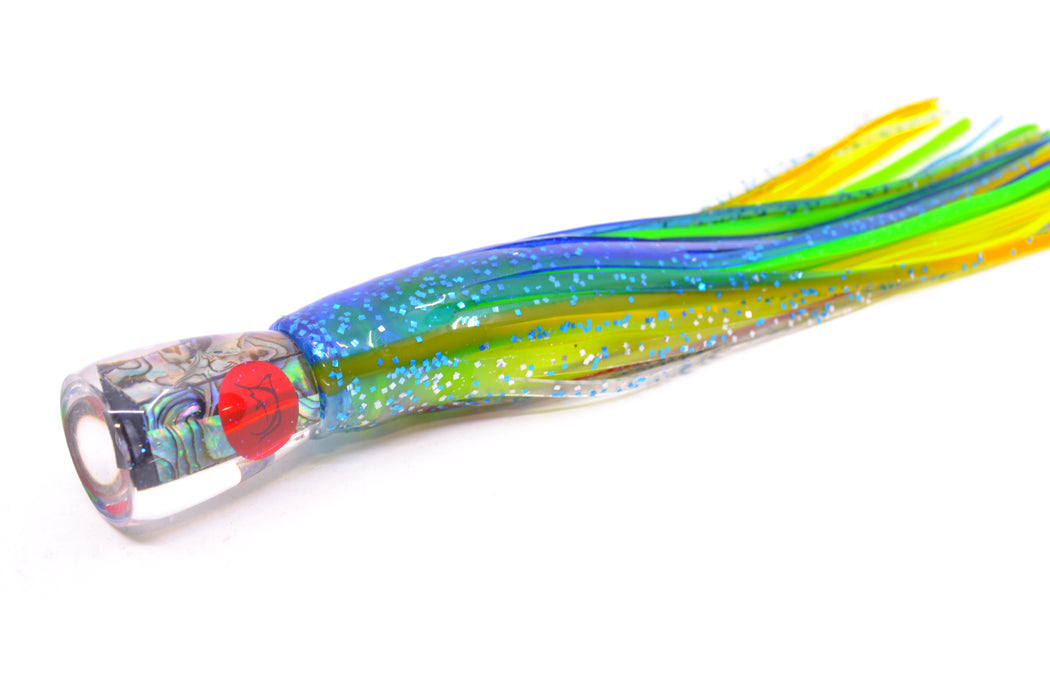 Bonze Lures Paua Shell Red Eyes Bombshell 5" 1.4oz Skirted Blue-Yellow Line-Silver GZE