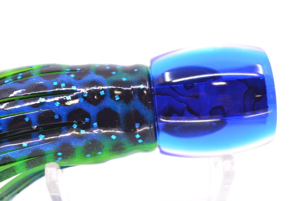 Moyes Lures Paua Shell Blue Back Taxi Eyes Large Tang 9" 3oz Skirted Black Dots-Blue Dots