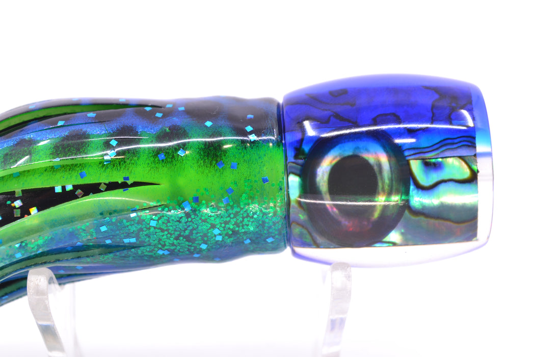 Moyes Lures Paua Shell Blue Back Taxi Eyes Large Tang 9" 3oz Skirted Black Dots-Blue Dots