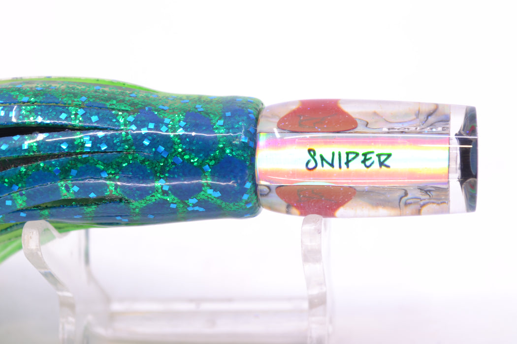 Bonze Lures Paua Shell Red Eyes Sniper 5" 1.8oz Skirted Black Dots-Blue Dots GZE