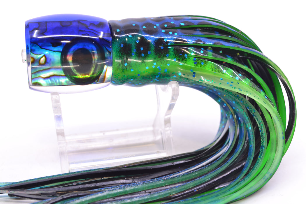 Moyes Lures Paua Shell Blue Back Taxi Eyes Large Tang 9" 3oz Skirted Black Dots-Blue Dots