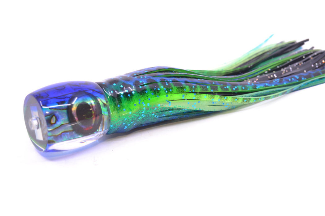 Moyes Lures Paua Shell Blue Back Taxi Eyes Large Tang 9" 3oz Skirted Black Dots-Blue Dots
