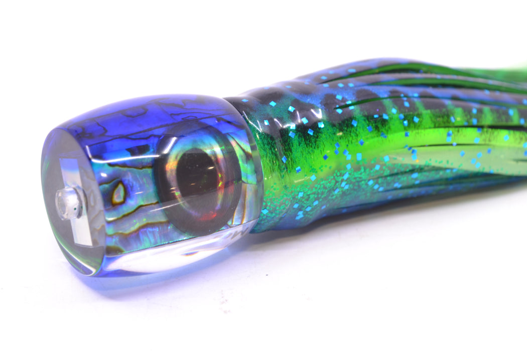 Moyes Lures Paua Shell Blue Back Taxi Eyes Large Tang 9" 3oz Skirted Black Dots-Blue Dots
