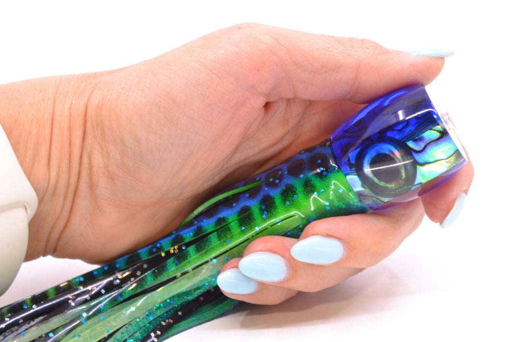 Moyes Lures Paua Shell Blue Back Taxi Eyes Large Tang 9" 3oz Skirted Black Dots-Blue Dots