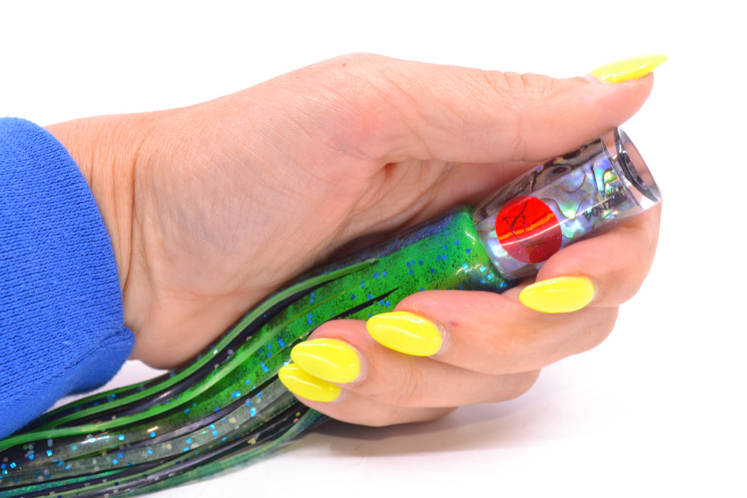 Bonze Lures Paua Shell Red Eyes Sniper 5" 1.8oz Skirted Black Dots-Blue Dots GZE