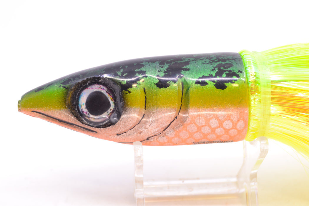 Tsutomu Lures Green-Yellow-Orange Black Splatter Back Non-Jetted Kona Dragon 9"+ 8oz Strobez GZE