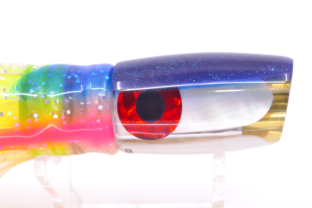 Coggin Lures White MOP Dark Blue Back Hualalai Tado Slant 9" 4.7oz Skirted Holo-Blue Bars