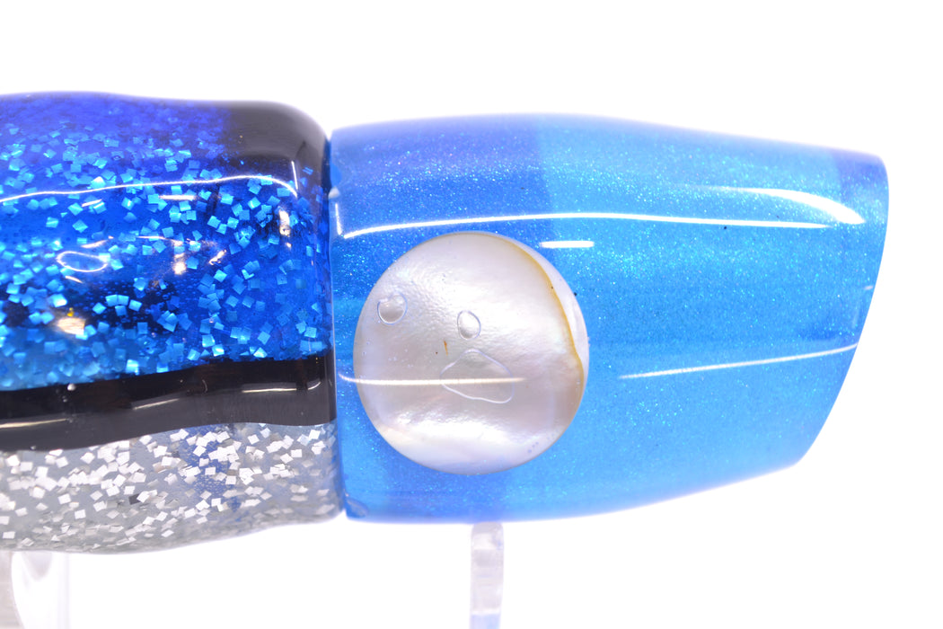 Joe Yee Lures by KEGZ Blue Pearl Real Shell Eyes Apollo 12" 7.4oz Skirted Black & Blue Bars GZE