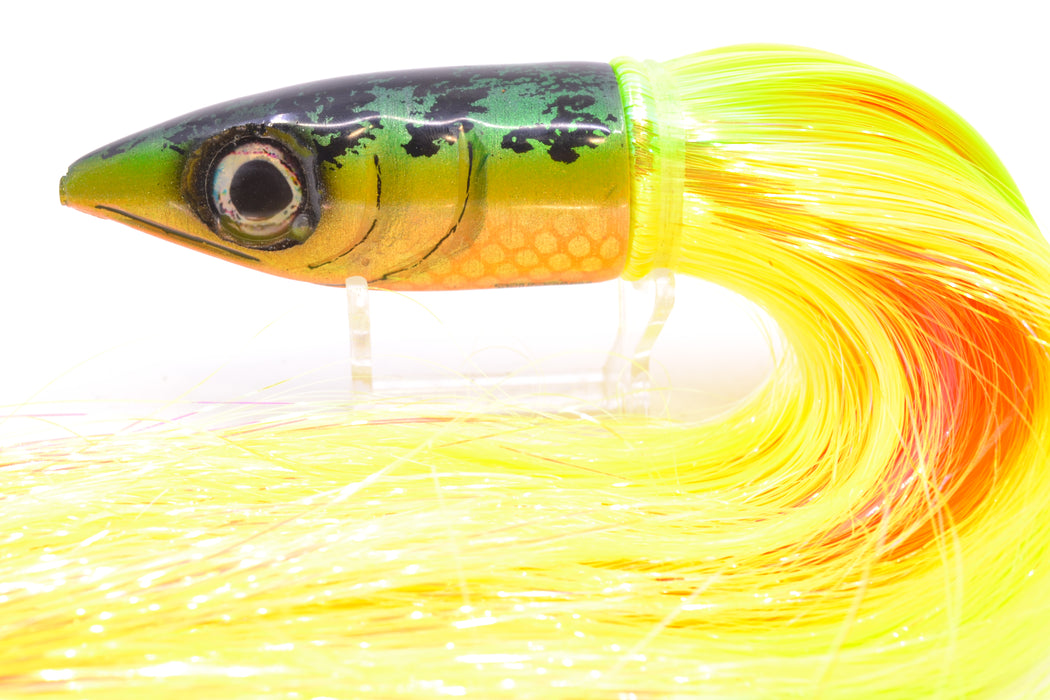 Tsutomu Lures Green-Yellow-Orange Black Splatter Back Non-Jetted Kona Dragon 9"+ 8oz Strobez GZE