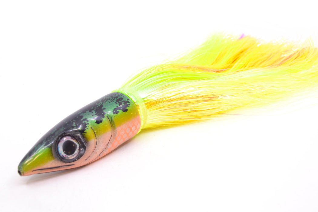 Tsutomu Lures Green-Yellow-Orange Black Splatter Back Non-Jetted Kona Dragon 9"+ 8oz Strobez GZE