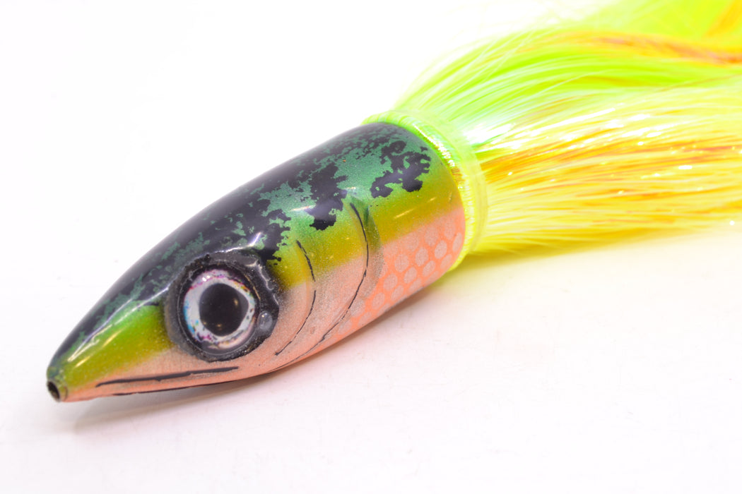 Tsutomu Lures Green-Yellow-Orange Black Splatter Back Non-Jetted Kona Dragon 9"+ 8oz Strobez GZE