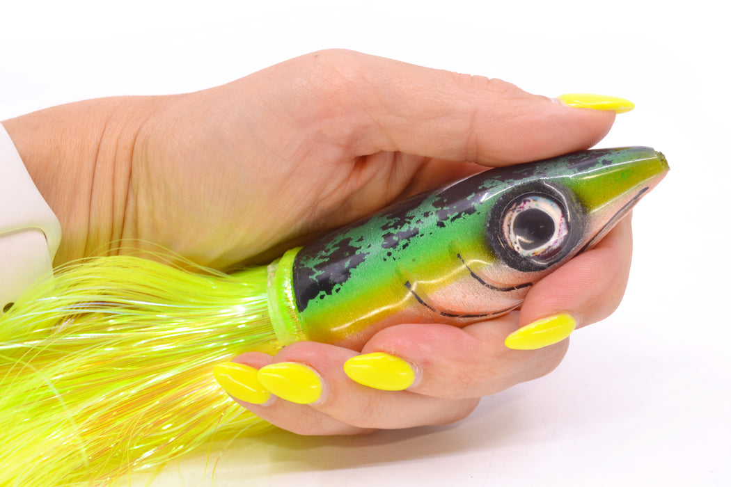 Tsutomu Lures Green-Yellow-Orange Black Splatter Back Non-Jetted Kona Dragon 9"+ 8oz Strobez GZE