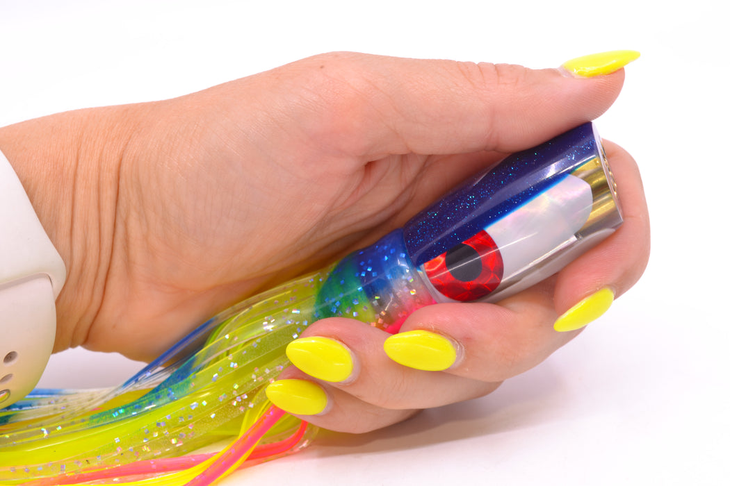 Coggin Lures White MOP Dark Blue Back Hualalai Tado Slant 9" 4.7oz Skirted Holo-Blue Bars