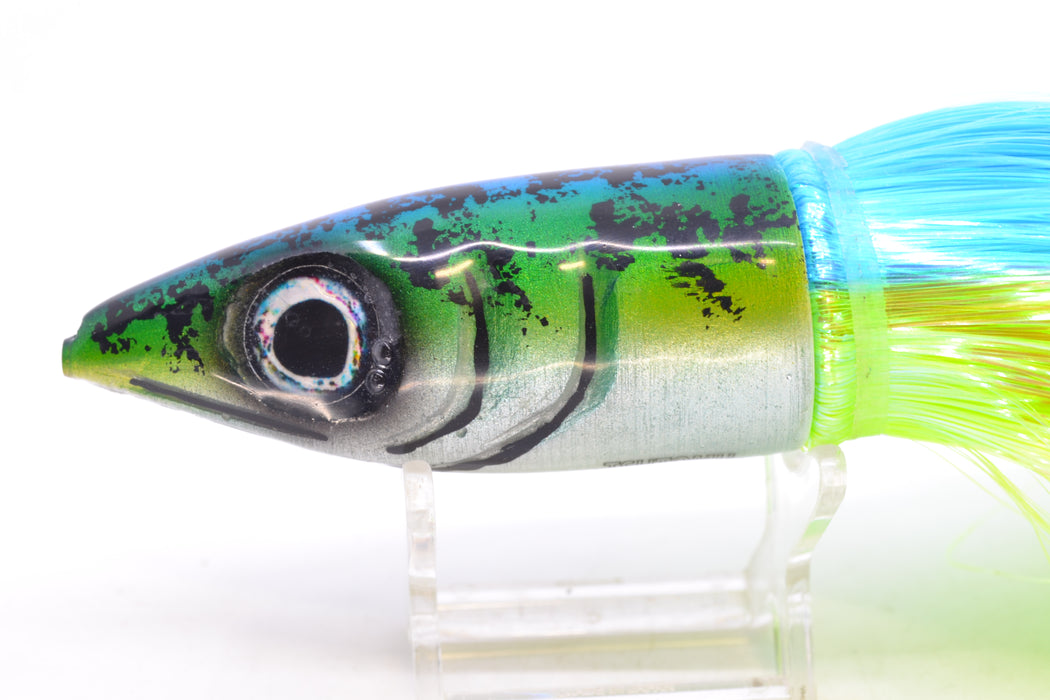 Tsutomu Lures Blue-Green-Yellow Black Splatter Back Non-Jetted Kona Dragon 9"+ 8oz Strobez GZE