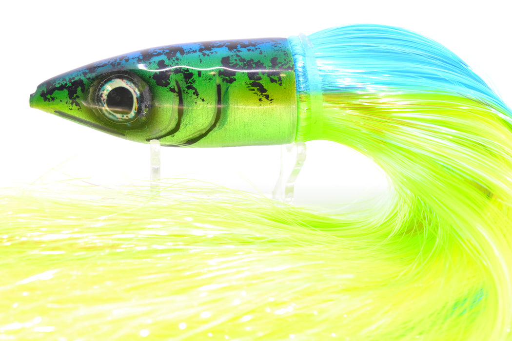 Tsutomu Lures Blue-Green-Yellow Black Splatter Back Non-Jetted Kona Dragon 9"+ 8oz Strobez GZE