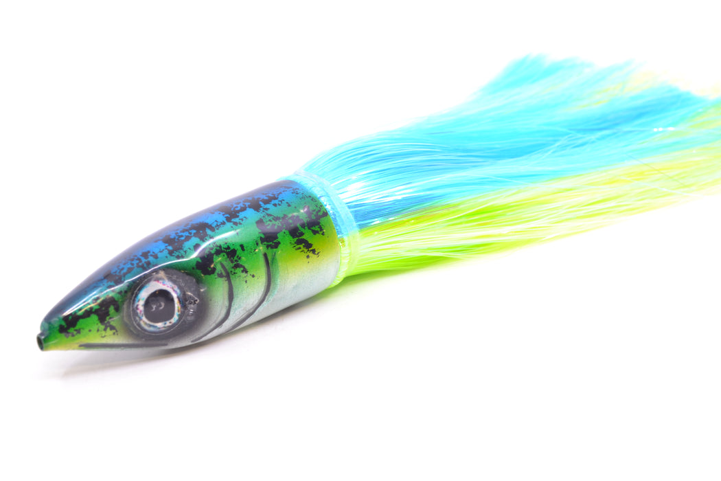 Tsutomu Lures Blue-Green-Yellow Black Splatter Back Non-Jetted Kona Dragon 9"+ 8oz Strobez GZE