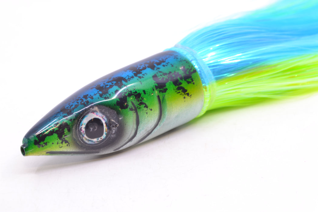 Tsutomu Lures Blue-Green-Yellow Black Splatter Back Non-Jetted Kona Dragon 9"+ 8oz Strobez GZE