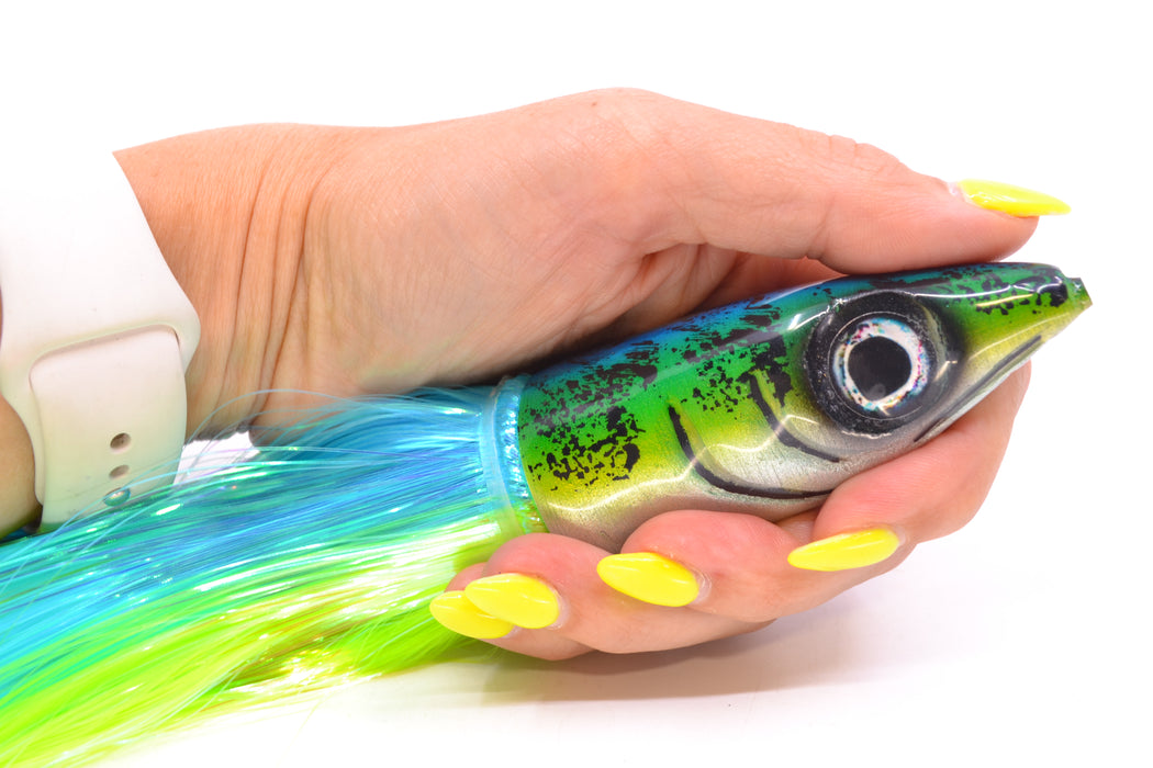 Tsutomu Lures Blue-Green-Yellow Black Splatter Back Non-Jetted Kona Dragon 9"+ 8oz Strobez GZE