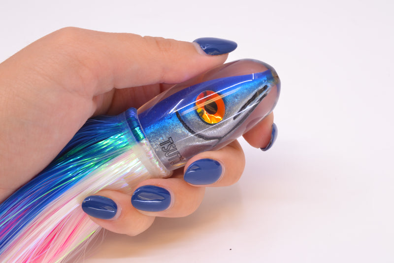 Tsutomu Lures Blue-Silver Fish Head Pau Hana Blunt Bullet 7" 4oz Strobez Blue-White/Pink