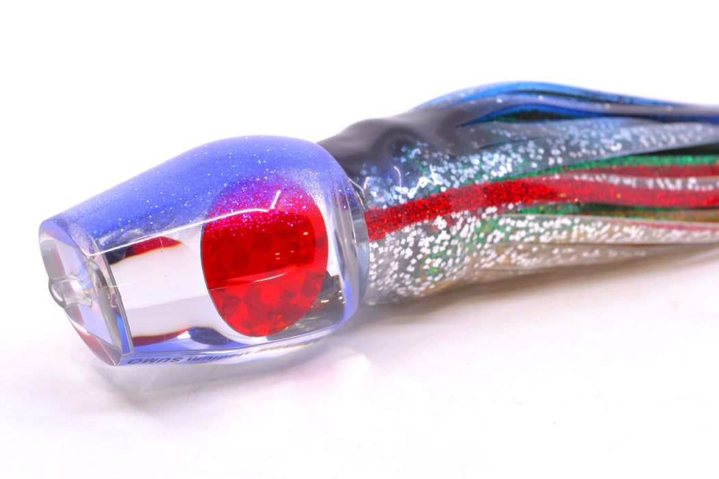Moyes Lures Clear Mirrored Blue Glitter Back Red Eyes Medium Sumo 12" 6.8oz Skirted Evil