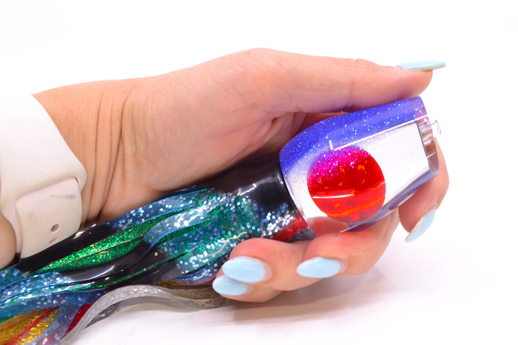 Moyes Lures Clear Mirrored Blue Glitter Back Red Eyes Medium Sumo 12" 6.8oz Skirted Evil