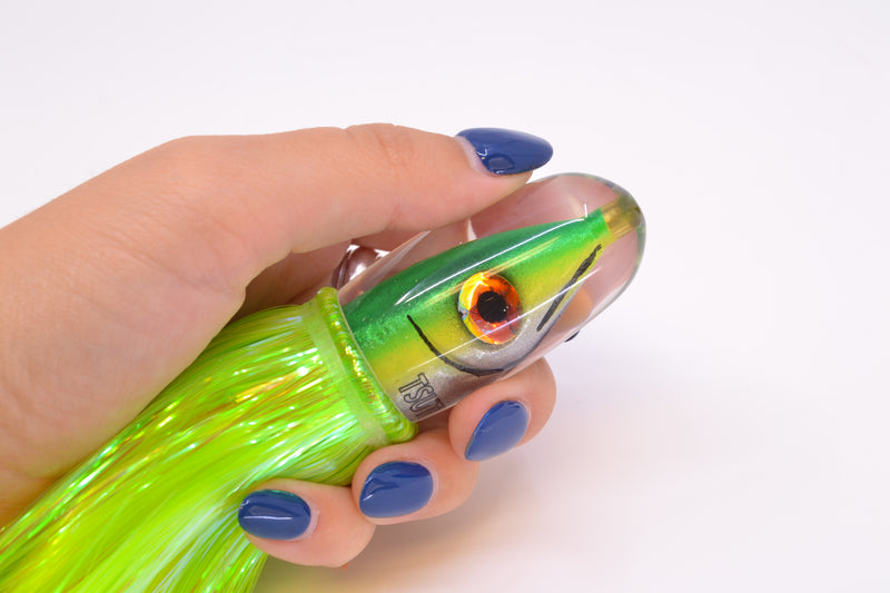 Tsutomu Lures Green-Yellow-Silver Fish Head Pau Hana Blunt Bullet 7" 4oz Strobez