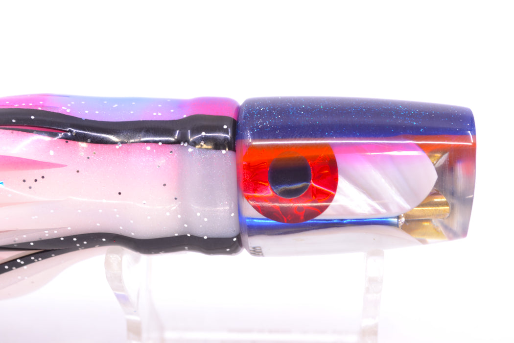 Coggin Lures White MOP Blue-Pink Back 4-Hole Small Slant Bogie Invert 7" 3.5oz Skirted