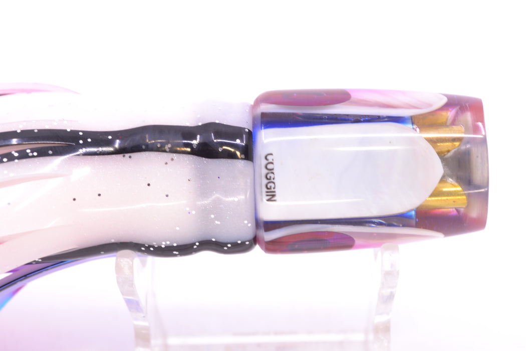 Coggin Lures White MOP Blue-Pink Back 4-Hole Small Slant Bogie Invert 7" 3.5oz Skirted