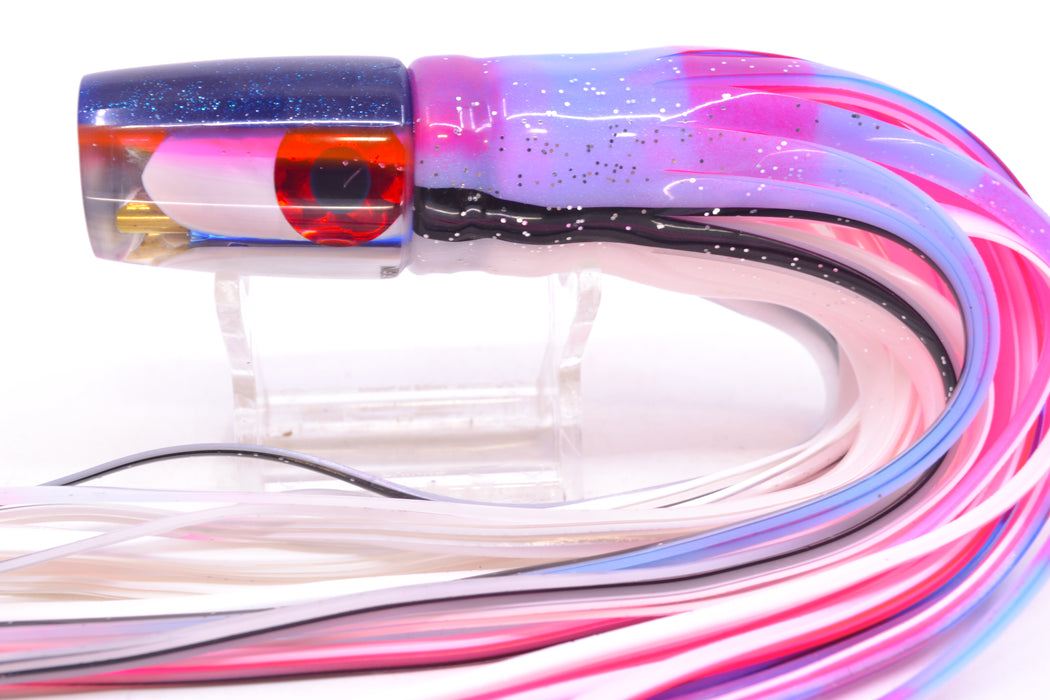 Coggin Lures White MOP Blue-Pink Back 4-Hole Small Slant Bogie Invert 7" 3.5oz Skirted