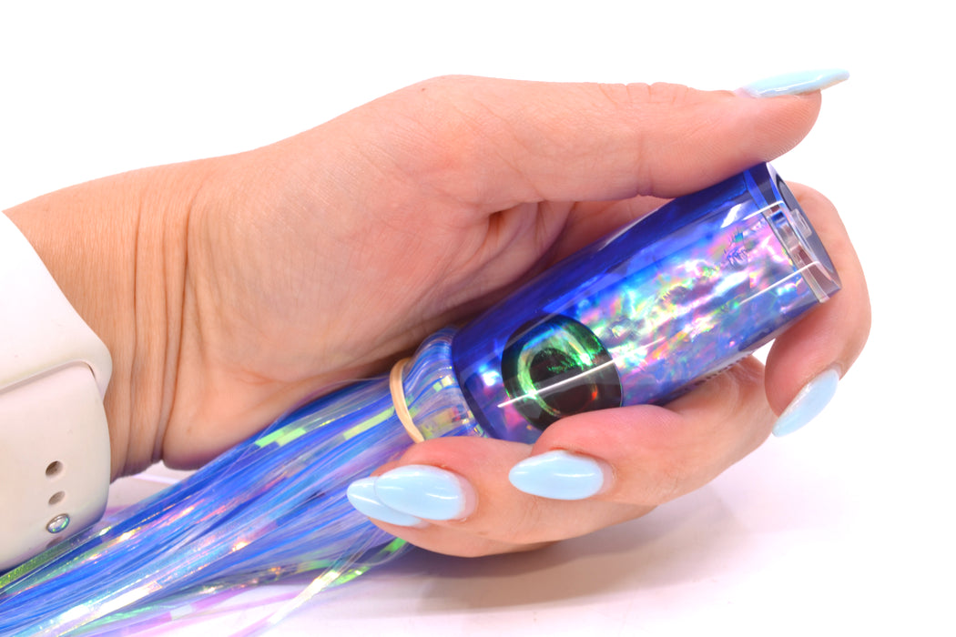 Moyes Lures Rainbow MOP Blue Back Taxi Eyes Small Shotgun 9" 2.5oz Skirted Mixed Hair