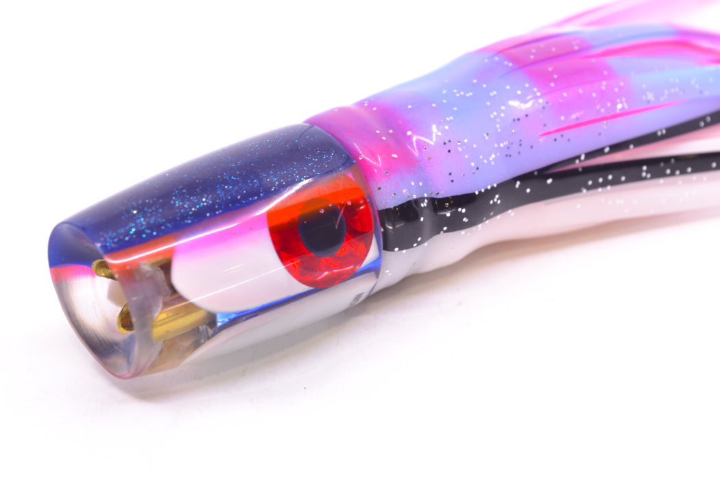 Coggin Lures White MOP Blue-Pink Back 4-Hole Small Slant Bogie Invert 7" 3.5oz Skirted