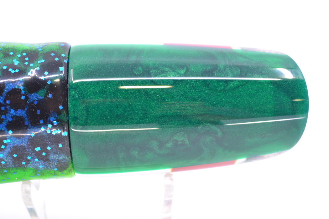 Koya Lures Clear Mirrored Green Back Straight Runner 12" 9.5oz Skirted Black Dots-Blue Dots