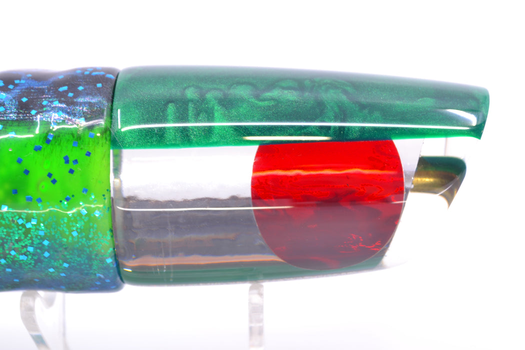 Koya Lures Clear Mirrored Green Back Straight Runner 12" 9.5oz Skirted Black Dots-Blue Dots