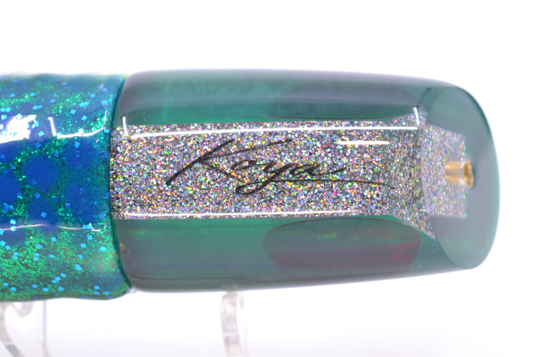 Koya Lures Clear Mirrored Green Back Straight Runner 12" 9.5oz Skirted Black Dots-Blue Dots