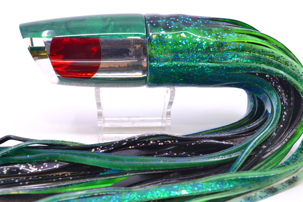 Koya Lures Clear Mirrored Green Back Straight Runner 12" 9.5oz Skirted Black Dots-Blue Dots