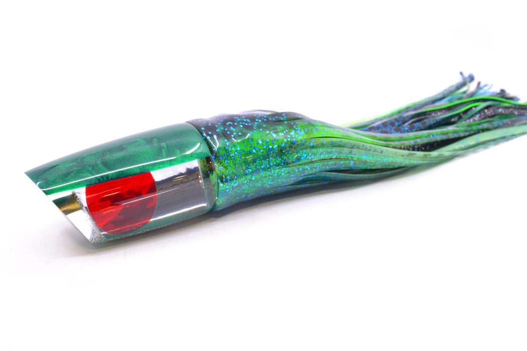 Koya Lures Clear Mirrored Green Back Straight Runner 12" 9.5oz Skirted Black Dots-Blue Dots