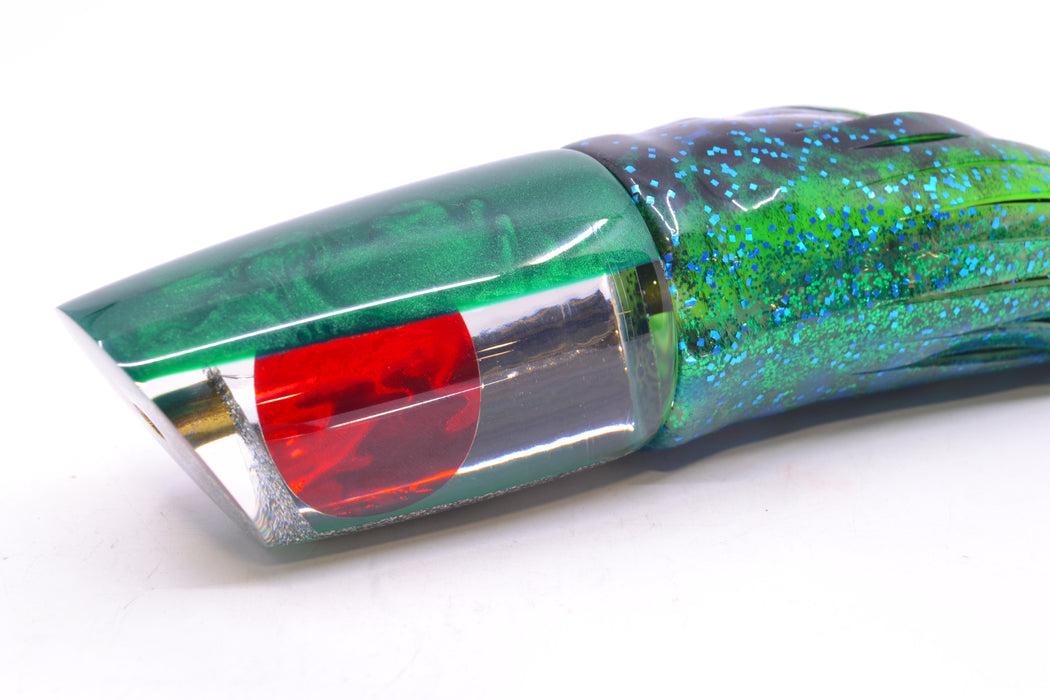 Koya Lures Clear Mirrored Green Back Straight Runner 12" 9.5oz Skirted Black Dots-Blue Dots