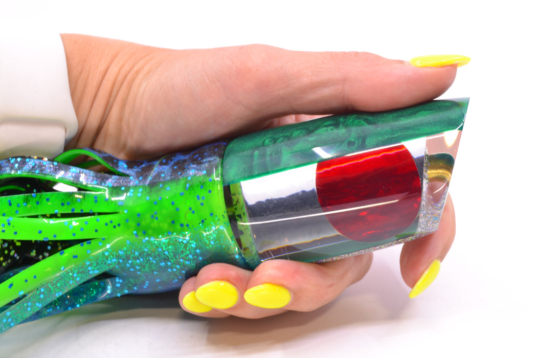 Koya Lures Clear Mirrored Green Back Straight Runner 12" 9.5oz Skirted Black Dots-Blue Dots