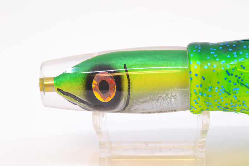 Tsutomu Lures Green-Yellow-Silver Fish Head Ali'i Invert 7" 5.7oz Skirted Mahi