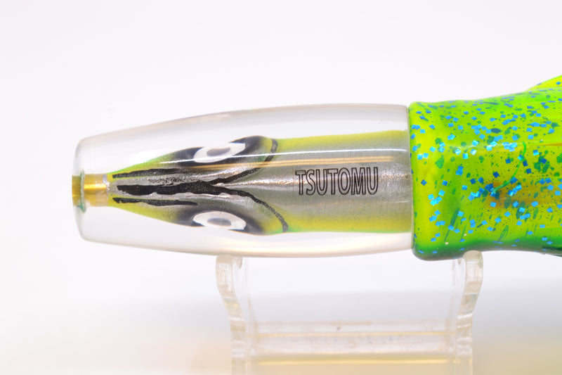 Tsutomu Lures Green-Yellow-Silver Fish Head Ali'i Invert 7" 5.7oz Skirted Mahi