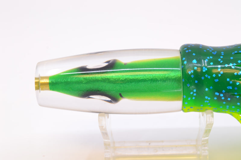 Tsutomu Lures Green-Yellow-Silver Fish Head Ali'i Invert 7" 5.7oz Skirted Mahi