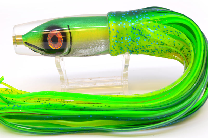 Tsutomu Lures Green-Yellow-Silver Fish Head Ali'i Invert 7" 5.7oz Skirted Mahi