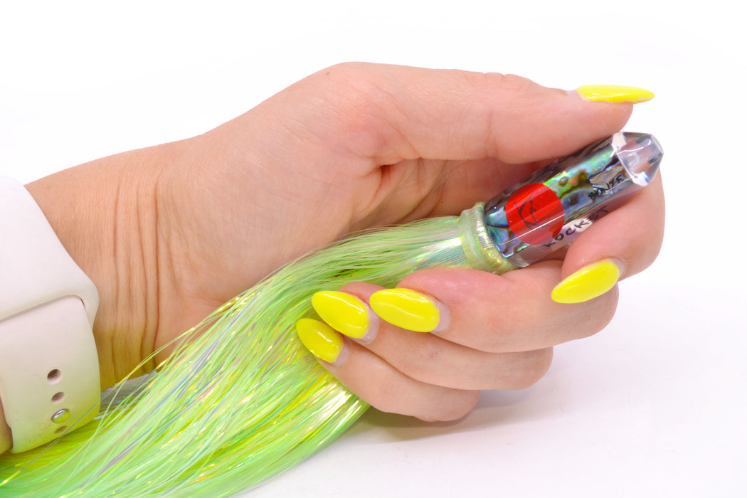 Bonze Lures Paua Shell Red Eyes Rocket 5" 2oz Flashabou Chartreuse/Yellow GZE
