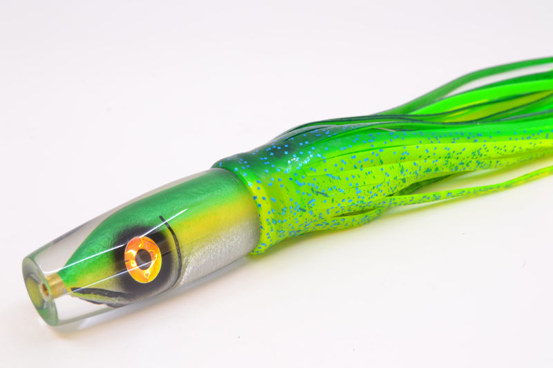 Tsutomu Lures Green-Yellow-Silver Fish Head Ali'i Invert 7" 5.7oz Skirted Mahi