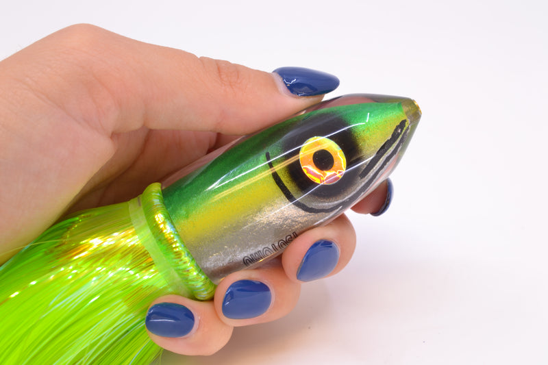 Tsutomu Lures Green-Yellow-Silver Fish Head Ali'i Bullet 7" 5oz Strobez Green/Chartreuse