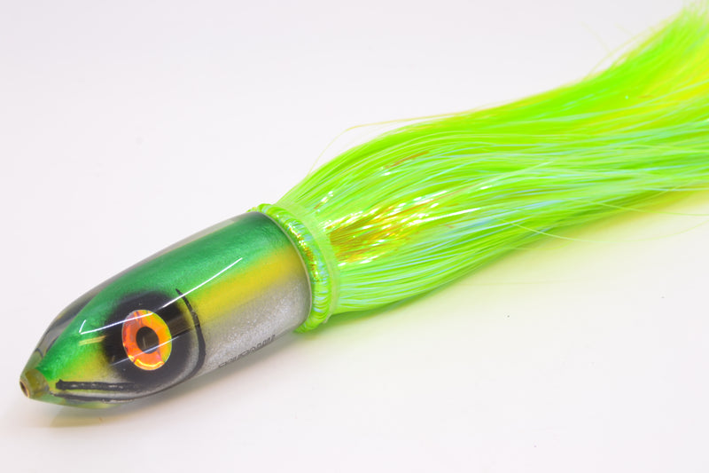 Tsutomu Lures Green-Yellow-Silver Fish Head Ali'i Bullet 7" 5oz Strobez Green/Chartreuse