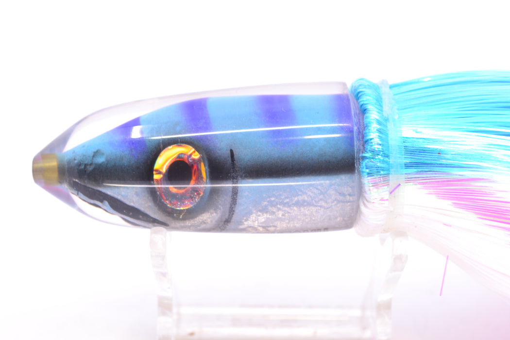 Tsutomu Lures Blue & Purple Bars-Black Line Fish Head Ali'i Bullet 7" 5oz Strobez Ice Blue-White GZE