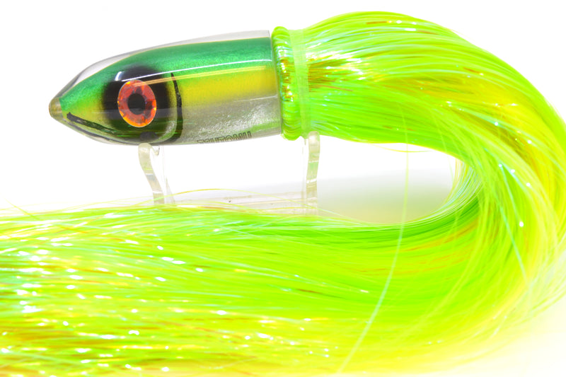 Tsutomu Lures Green-Yellow-Silver Fish Head Ali'i Bullet 7" 5oz Strobez Green/Chartreuse