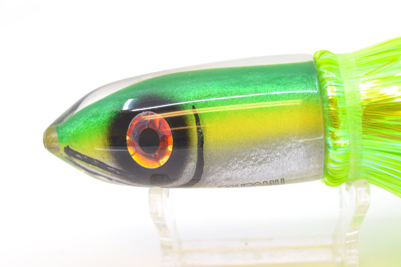 Tsutomu Lures Green-Yellow-Silver Fish Head Ali'i Bullet 7" 5oz Strobez Green/Chartreuse